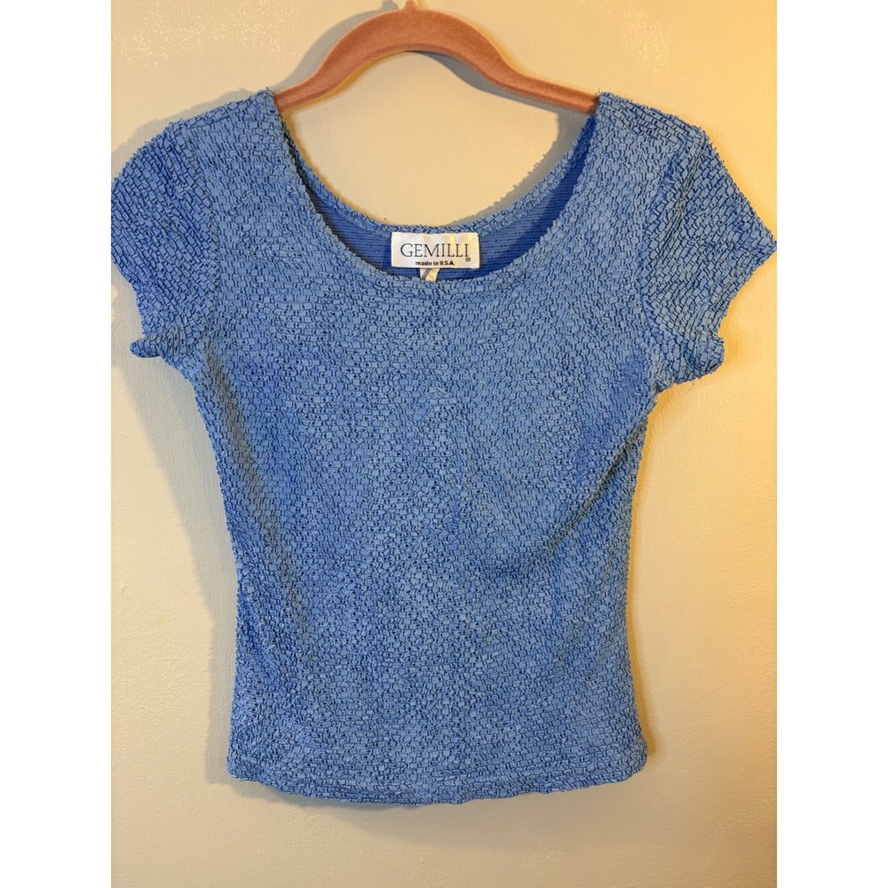 VTG Gemilli Bright Blue Textured Stretchy Babydoll Tee Shirt M 90's